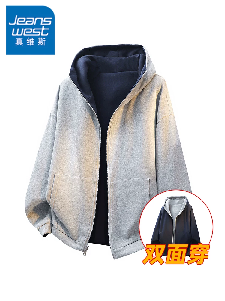 Áo nỉ có mũ hai mặt kiểu Mỹ của Jeanswest dành cho nam, áo thun cao cấp thương hiệu thời trang rộng rãi, phong cách thường ngày mùa xuân thu.