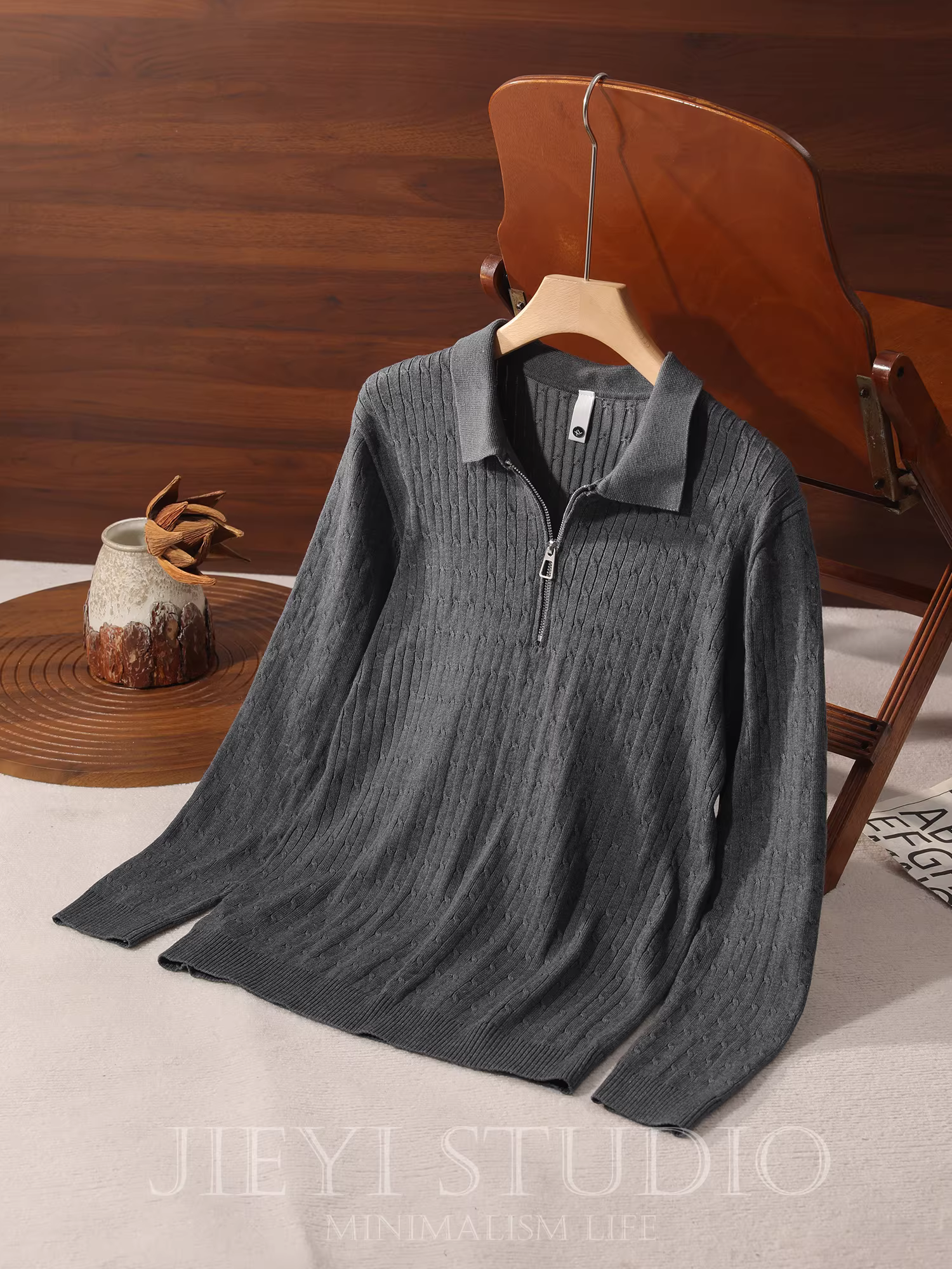 Áo len dệt kim cổ trụ nửa khóa kéo phong cách quý ông sang trọng cổ điển JIEYI, màu trơn, kiểu dệt jacquard.