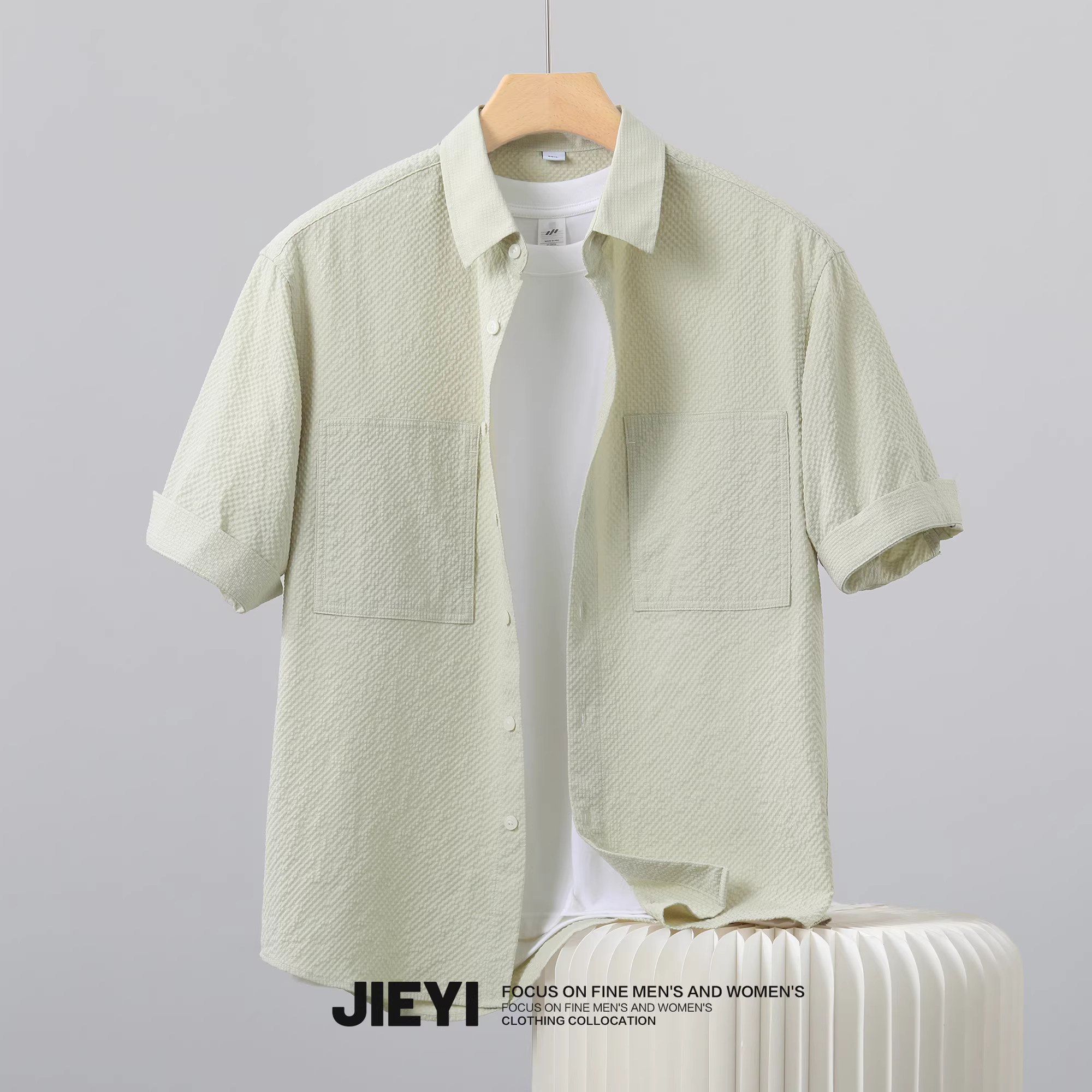 Áo sơ mi nam JIEYI màu trơn cao cấp, chất liệu có vân, tay lửng, cổ trụ, kiểu dáng độc đáo mới năm 2025, áo sơ mi ngắn tay thời trang.