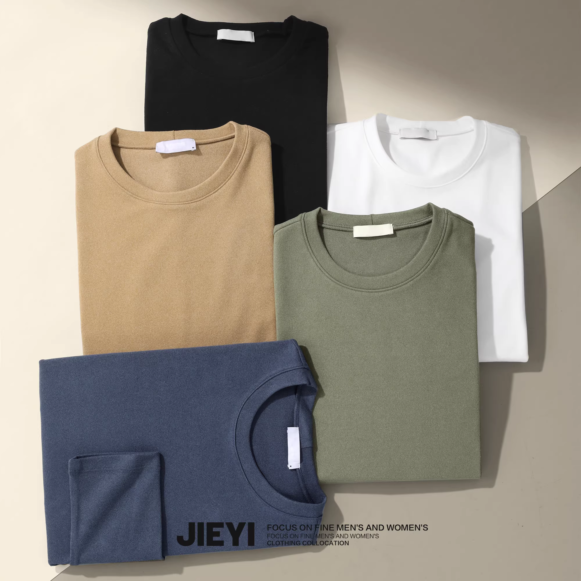 Áo lót dài tay màu đen trắng trơn JIEYI, kiểu dáng ấm áp mùa thu đông, ôm dáng, cổ tròn, chất liệu nhung chải mềm mại dành cho nam.