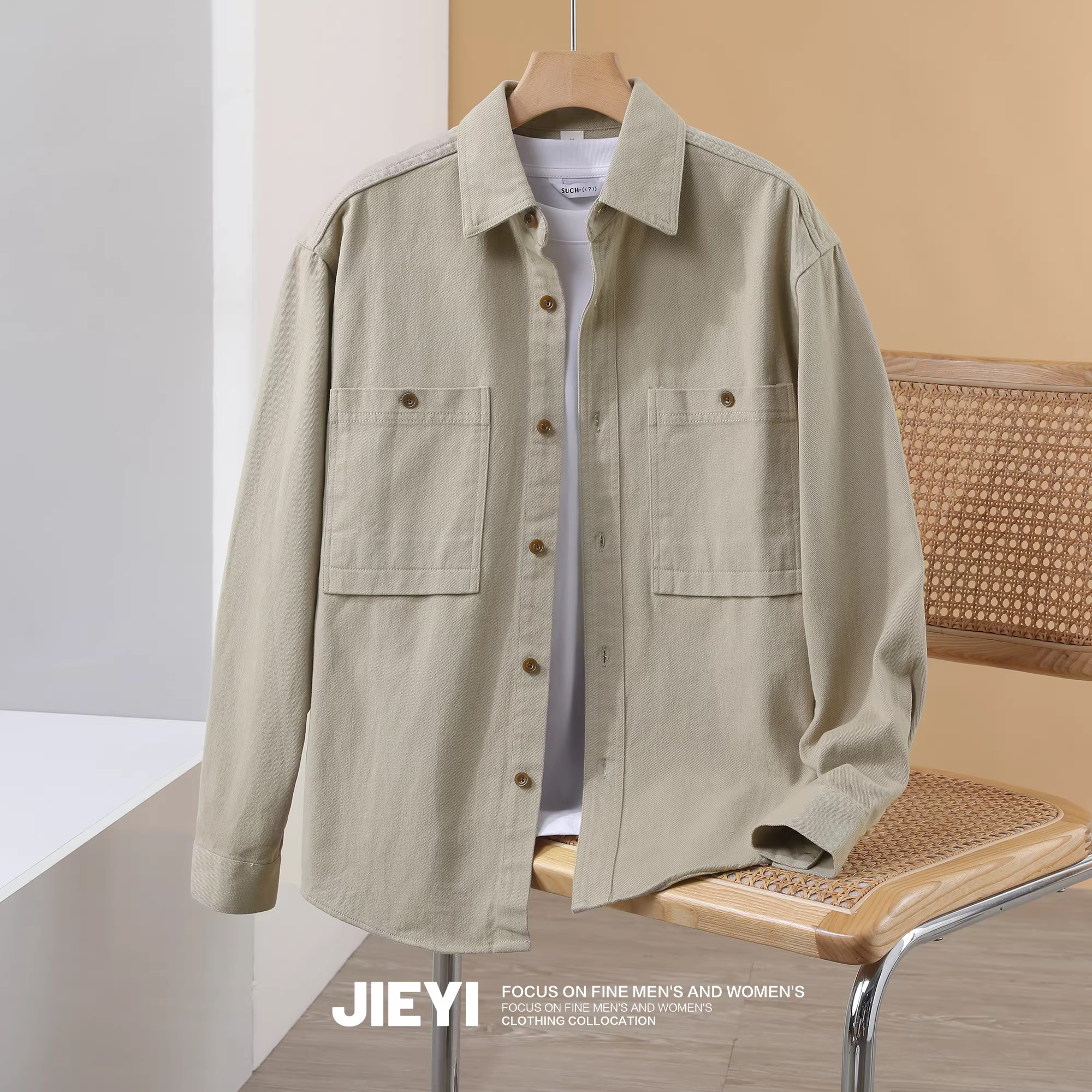 Ưu đãi đặc biệt: Áo sơ mi nam cổ trụ chất liệu 100% cotton, màu trơn đa năng, có túi vá, kiểu áo khoác mỏng tay dài.