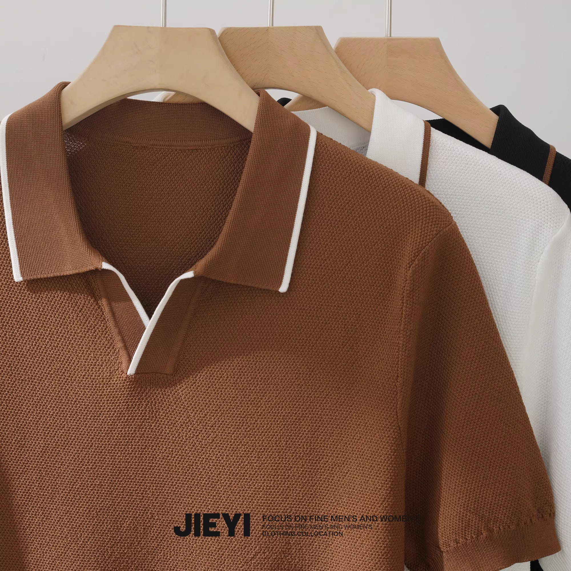 Áo Polo Nam JIEYI Dệt Kim Mát Mẻ Phong Cách Màu Khối, Thoáng Khí, Thấm Hút Mồ Hôi, Ôm Sát, Cổ Gập, Áo Polo