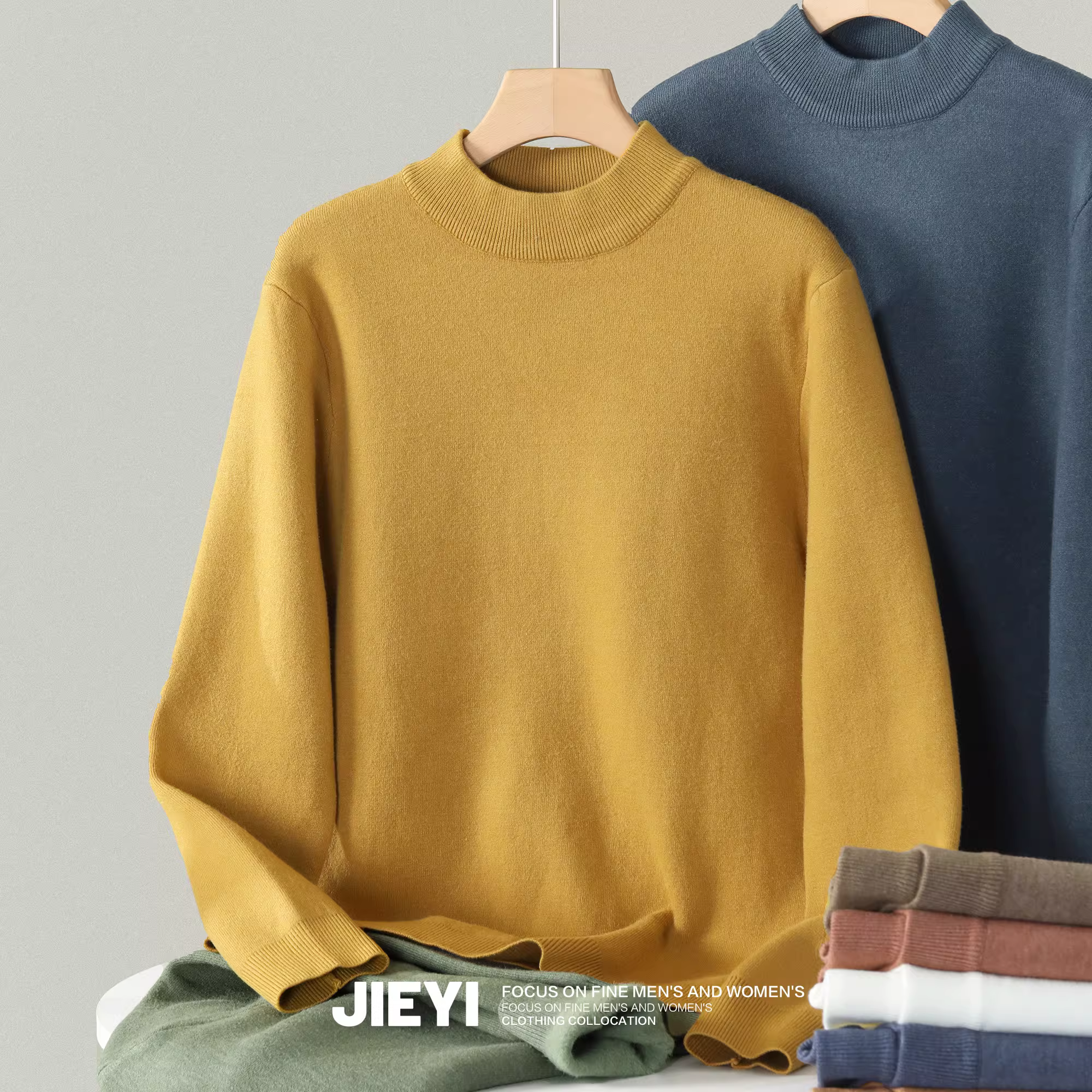 Áo lót lông cừu một mảnh màu macaron thân thiện với da Jieyi dành cho nam, trang phục mặc bên trong ấm áp, cổ cao nửa cổ, lót lông cừu, áo len dệt kim dày.