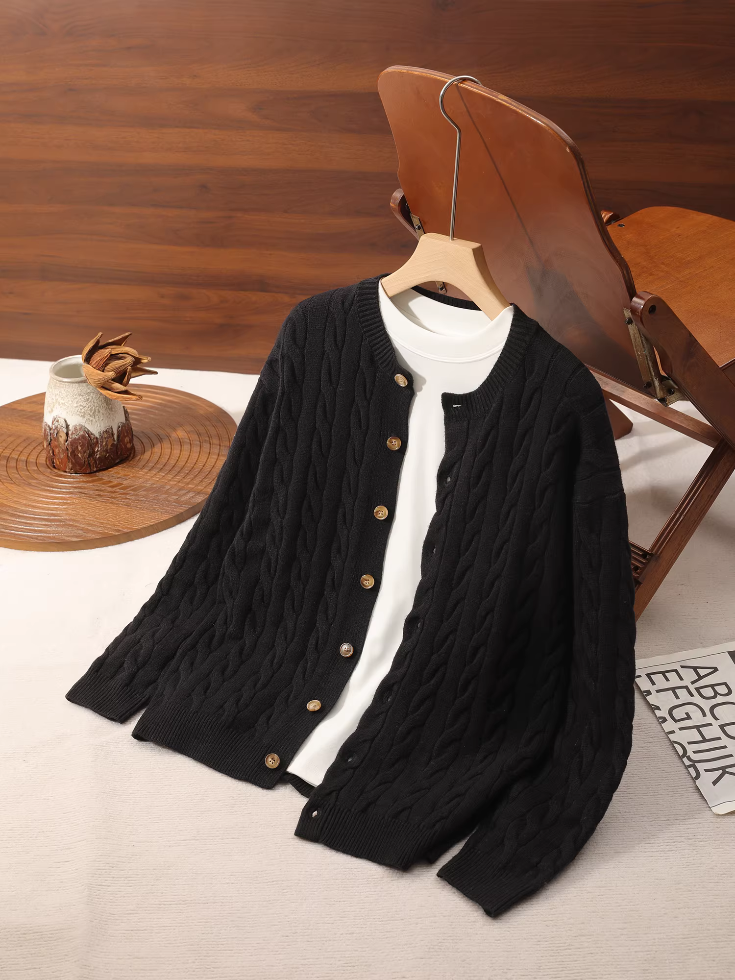 Áo khoác cardigan nam dệt kim jacquard màu trơn JIEYI, ấm áp mùa thu đông, phong cách retro nghệ thuật