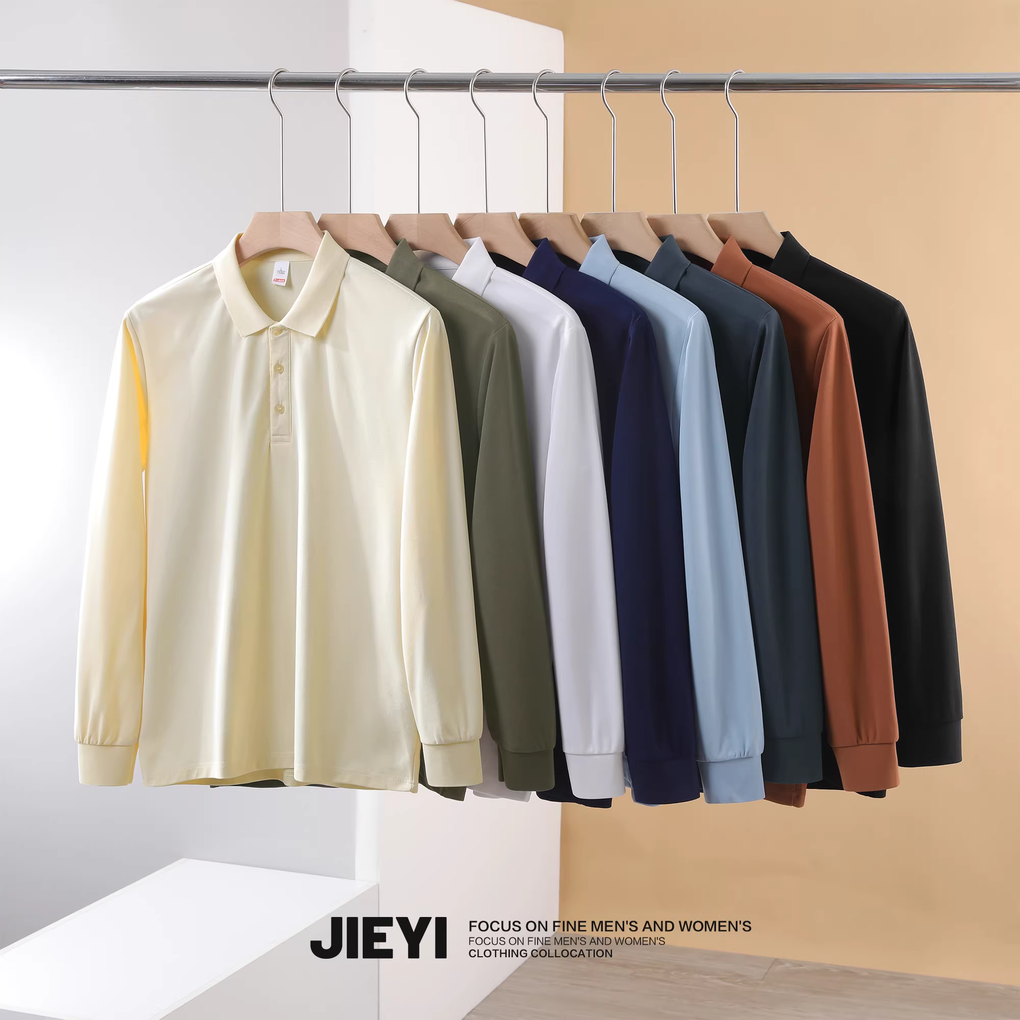 Áo Polo nam Jieyi màu trơn, dáng ôm, thu đông mới, tay dài, mặc đơn, kiểu áo sweatshirt, cổ trụ, đơn giản, thích hợp đi làm