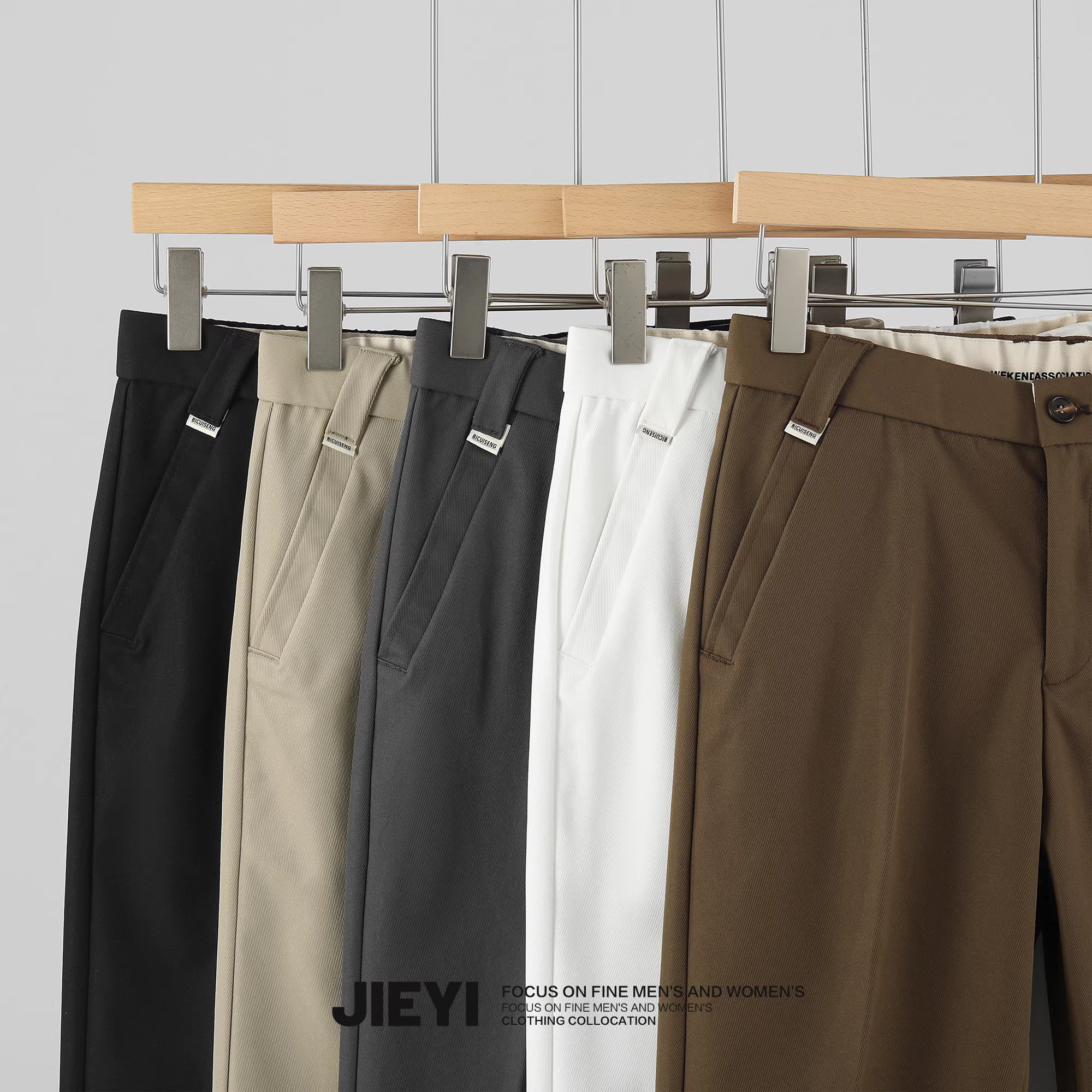 Quần dài nam JIEYI chất liệu không cần là, kiểu dáng vintage, màu trơn, phong cách Hàn Quốc, mùa thu, dáng ôm, đa năng