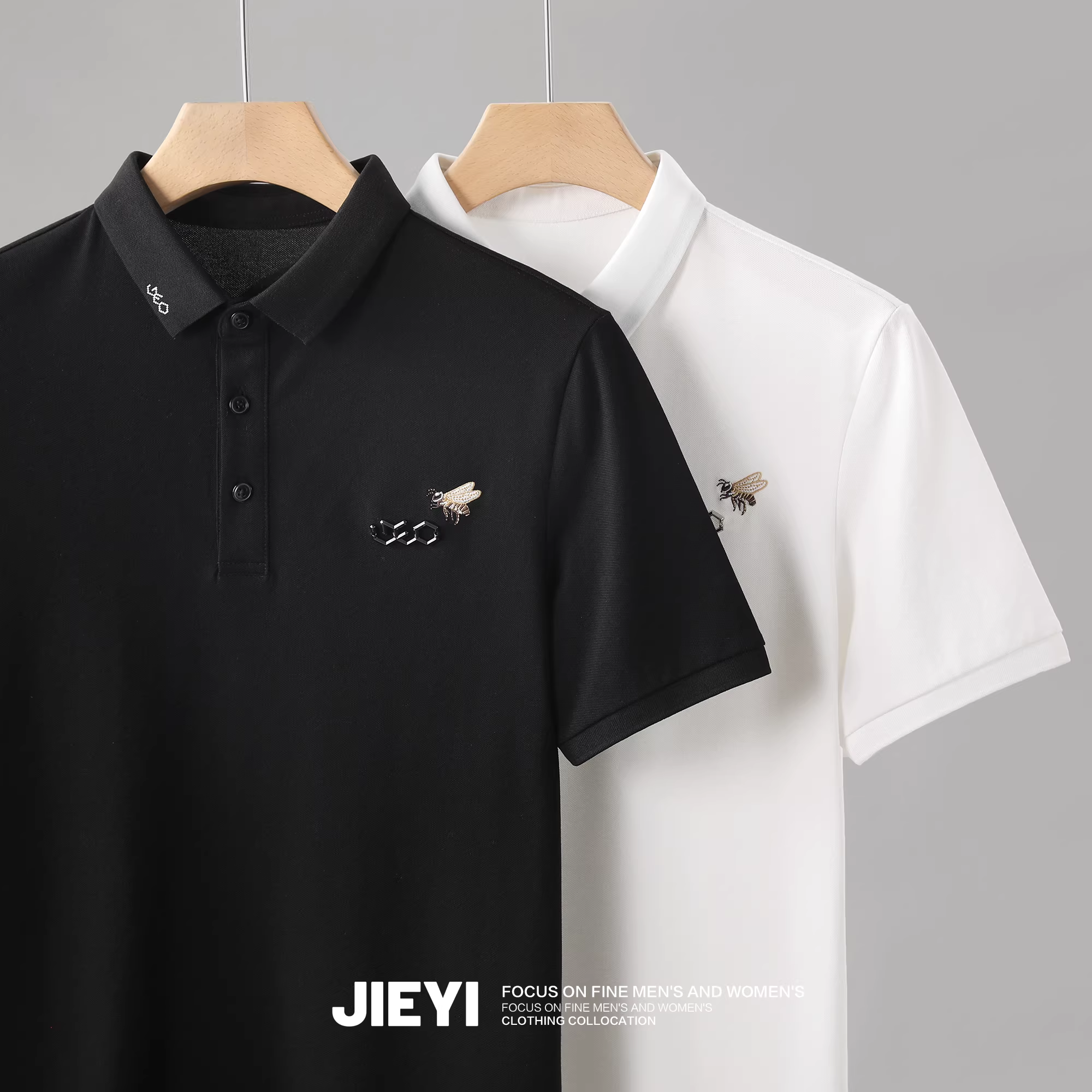 Áo Polo nam JIEYI dáng ôm thời trang tay ngắn có cổ, áo thun thời trang thêu hình con ong nhỏ
