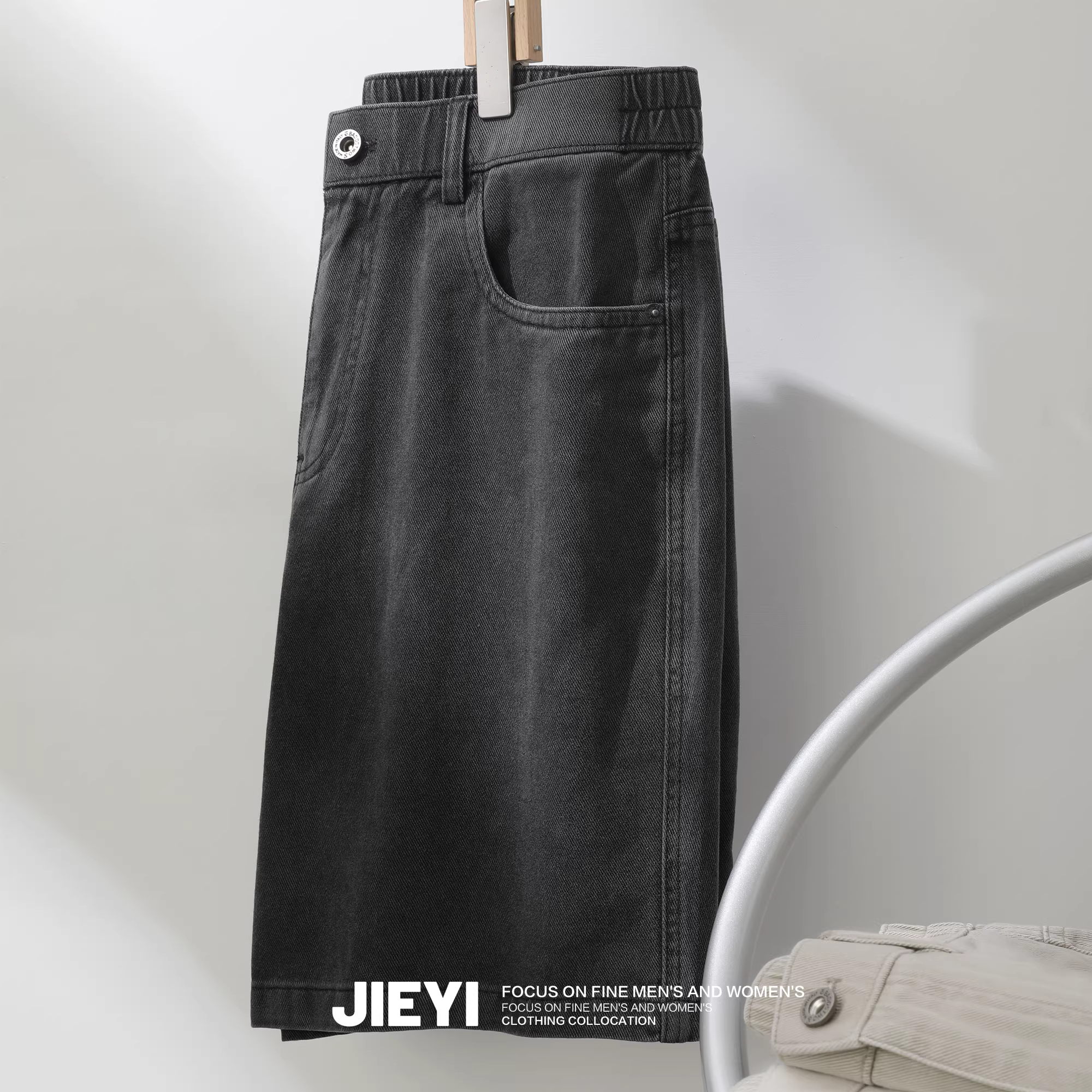 Quần short denim cotton nguyên chất màu đen cổ điển thoáng khí phong cách quần áo bảo hộ lao động cổ điển hợp thời trang nam mát mẻ được giặt mùa hè quần short dài vừa phải