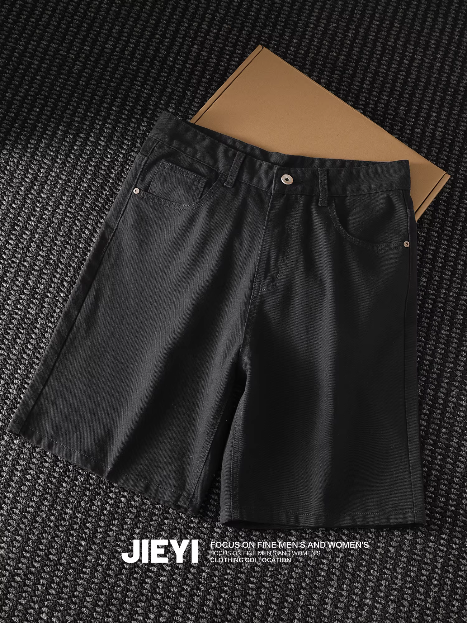 Quần short denim đen trắng chất liệu cotton twill cao cấp JIEYI dành cho nam, phong cách Hàn Quốc đa năng, kiểu dáng thời trang, dài ngang đùi.