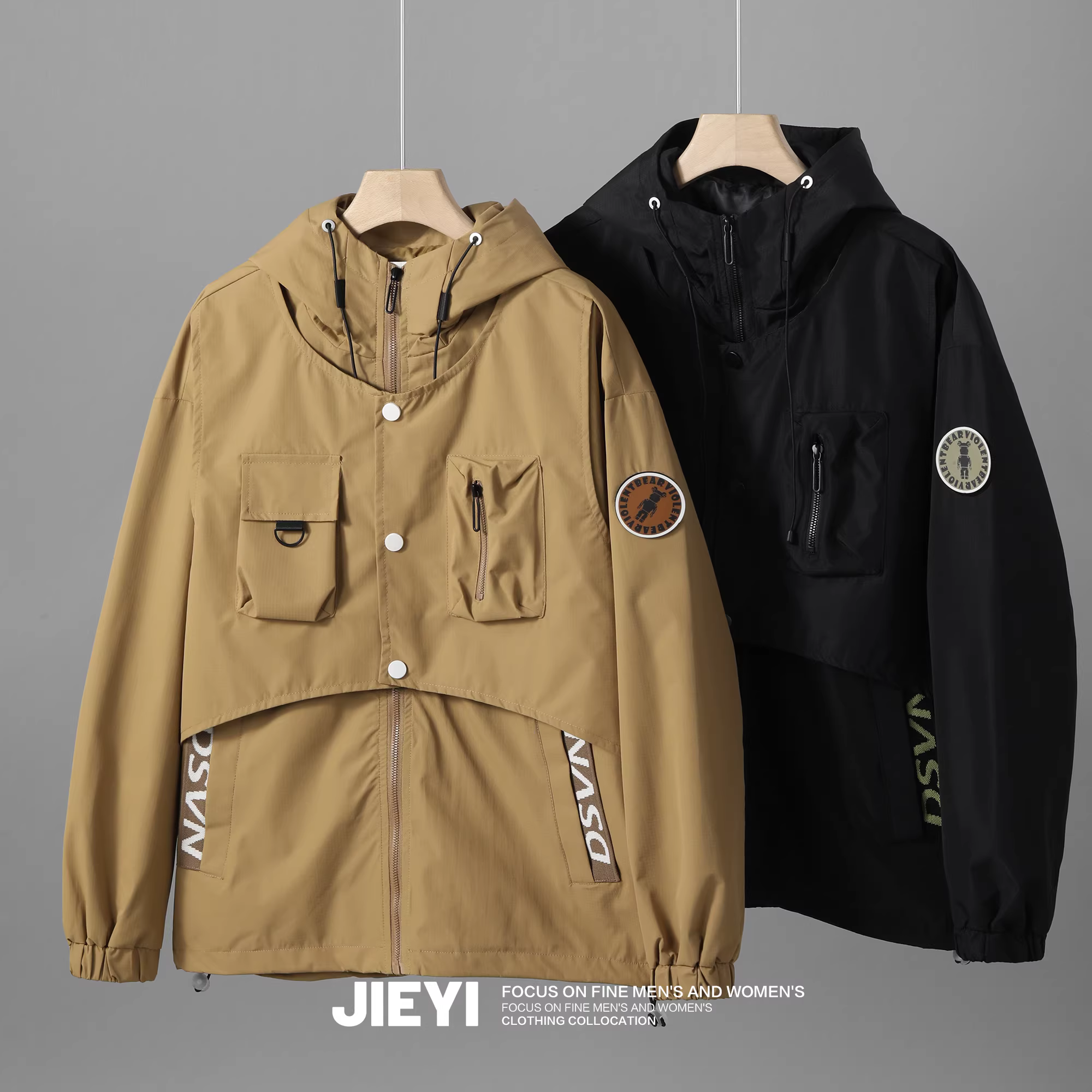 Áo khoác công sở cao cấp JIEYI thiết kế thời thượng, có mũ trùm đầu, phối nhiều chất liệu, nhiều túi, chống gió, dành cho nam.