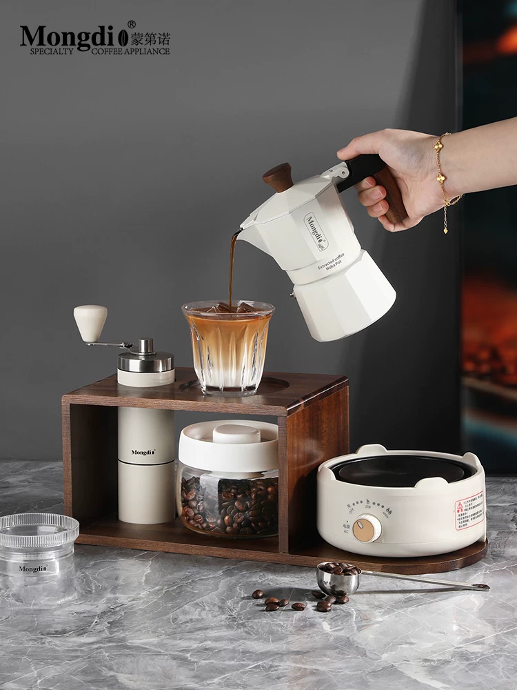 Bộ ấm pha cà phê moka van đôi Mongdio, ấm pha cà phê moka, ấm pha cà phê espresso, giá đỡ bằng gỗ