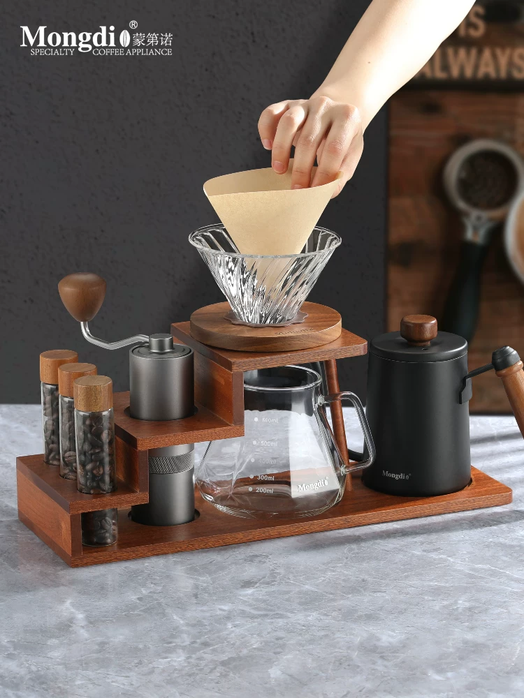 Bộ pha cà phê Pour-over Mongdio, máy xay cà phê bằng tay, máy pha cà phê quay tay, giá đỡ bằng gỗ, dụng cụ pha cà phê Pour-over