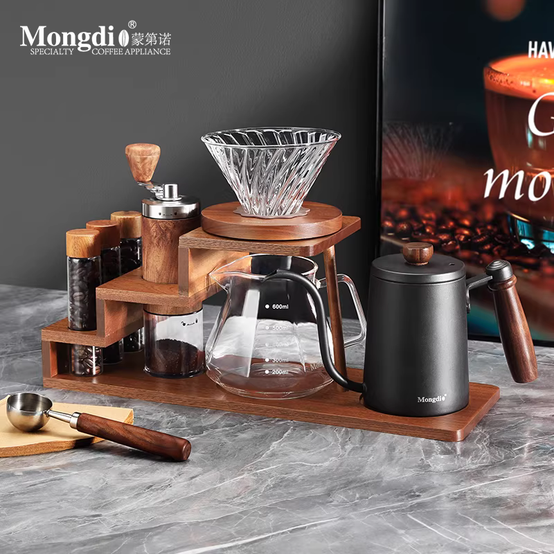 Bộ ấm pha cà phê thủ công Mongdio, máy pha cà phê xay bằng tay, giá đỡ bằng gỗ quay tay, ấm pha cà phê thủ công, bộ dụng cụ pha cà phê đầy đủ
