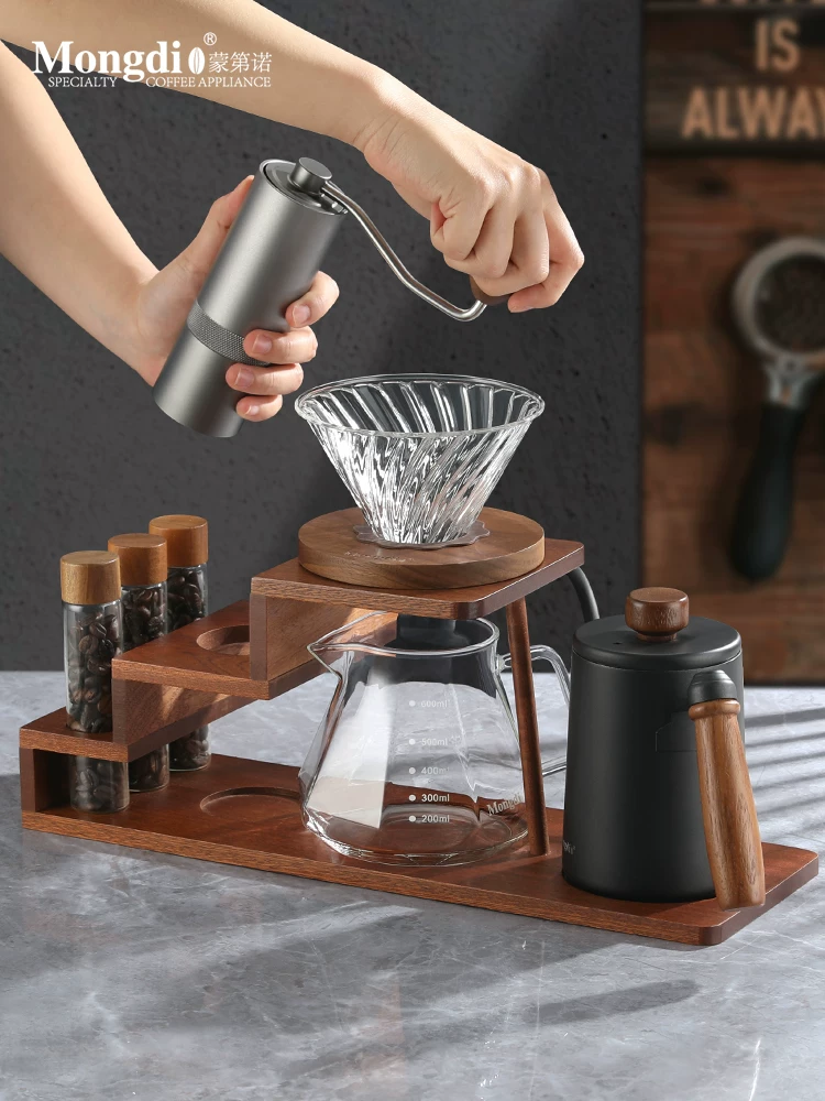 Bộ pha cà phê Pour-over Mongdio, máy xay cà phê bằng tay, máy pha cà phê quay tay, giá đỡ bằng gỗ, dụng cụ pha cà phê Pour-over