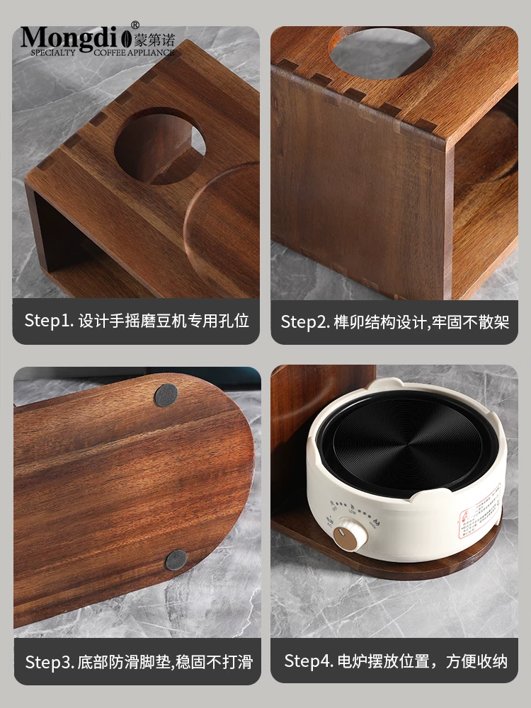 Bộ ấm pha cà phê moka van đôi Mongdio, ấm pha cà phê moka, ấm pha cà phê espresso, giá đỡ bằng gỗ