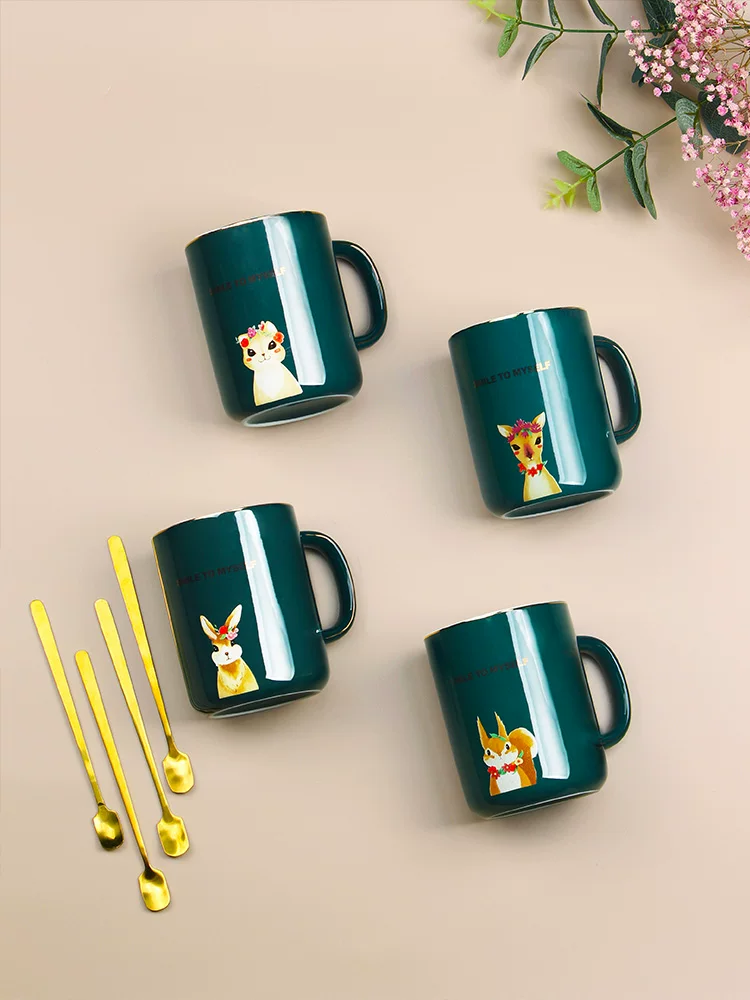 Tách cà phê treo tai Mongdio dùng trong gia đình, phong cách châu Âu, sang trọng nhỏ gọn, cốc tinh tế theo phong cách ins có nắp và thìa, cốc gốm dành cho cặp đôi.