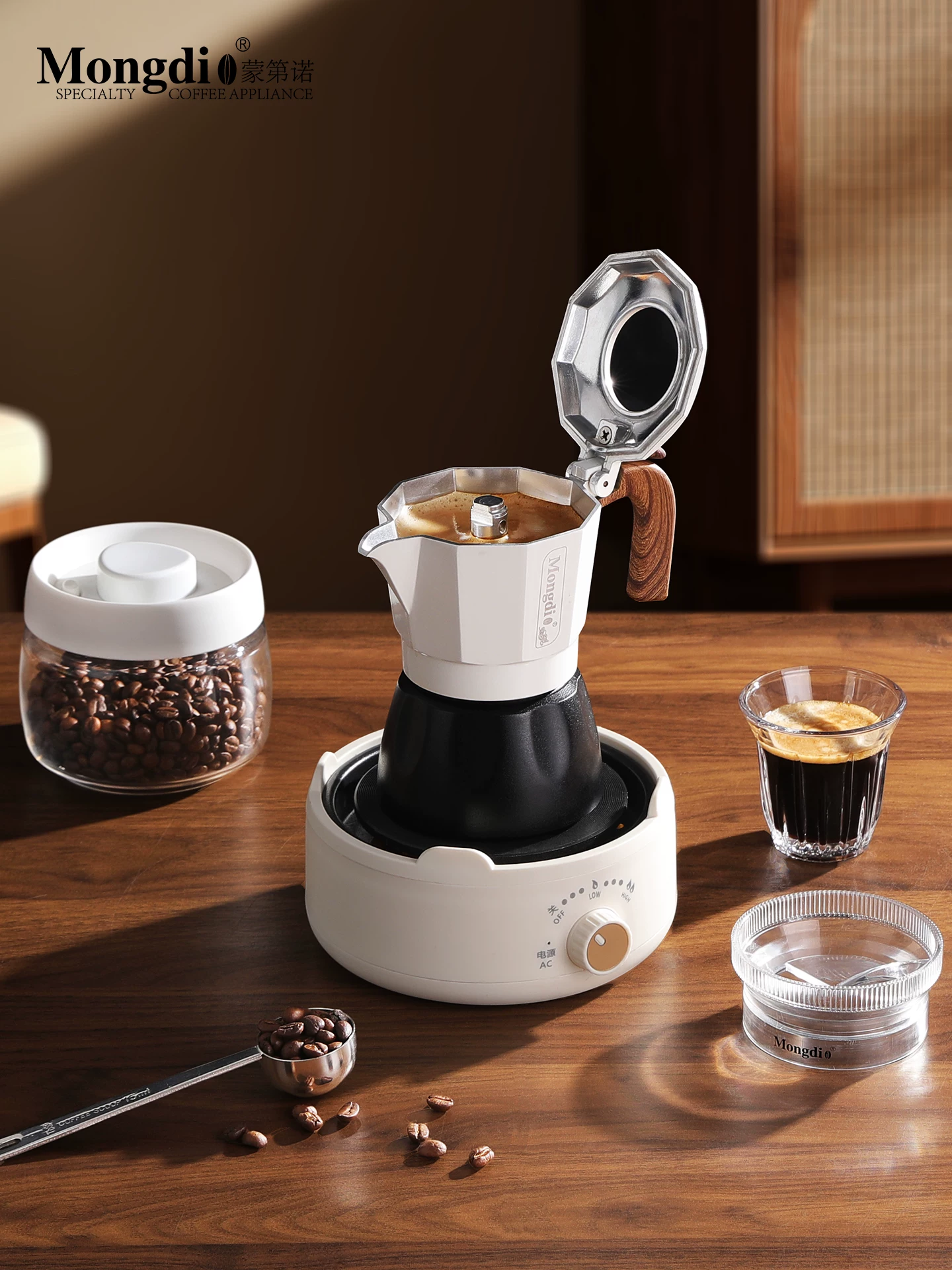 Máy pha cà phê moka pot hai van Mongdio, máy pha cà phê espresso gia đình, bộ ấm pha cà phê moka