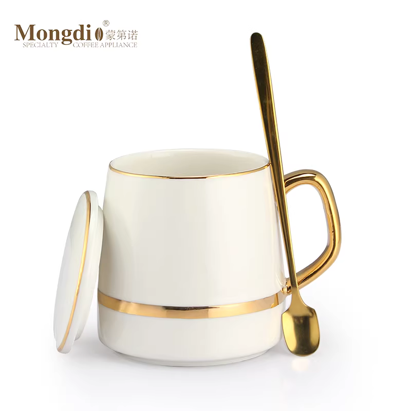 Tách cà phê Mongdio dùng trong gia đình có nắp và thìa, tách gốm sứ nhỏ sang trọng kiểu châu Âu, bộ cốc phong cách tinh tế