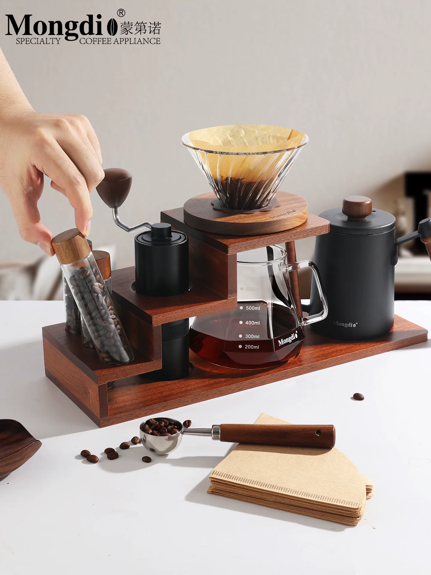 Bộ ấm pha cà phê thủ công Mongdio, máy xay cà phê bằng tay, máy xay cà phê quay tay, giá đỡ bằng gỗ, dụng cụ pha cà phê