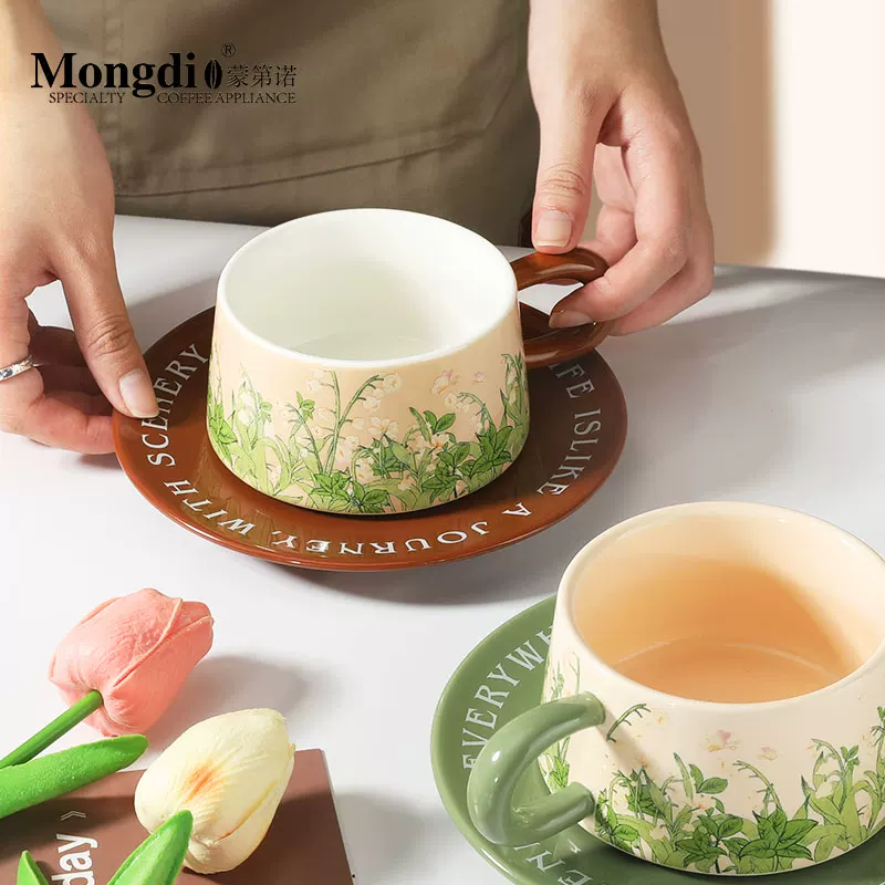 Tách cà phê gốm sứ Mongdio, bộ tách trà chiều cao cấp tinh tế, tách cà phê cổ điển sang trọng cao cấp
