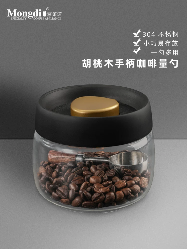 Muỗng đo bột cà phê bằng thép không gỉ Mongdio, muỗng định lượng, muỗng cà phê, muỗng cà phê cán dài bằng gỗ óc chó tinh tế