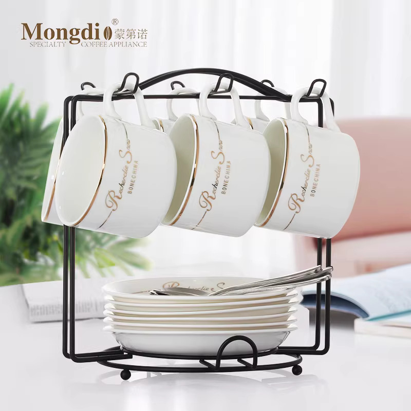 Bộ cốc cà phê bằng gốm sứ Mongdio dùng trong gia đình, cốc cà phê nhỏ sang trọng phong cách châu Âu, bộ 6 món nhỏ và tinh tế với cốc, đĩa và thìa.