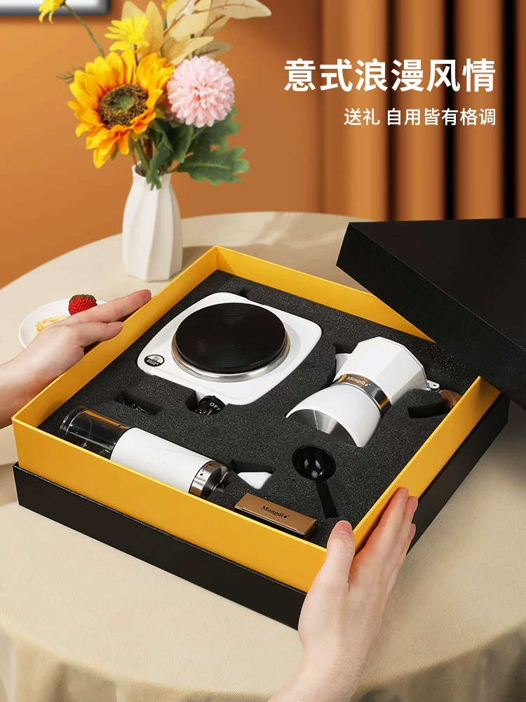 Bộ quà tặng máy pha cà phê Moka Mongdio, bộ máy xay cà phê, thiết bị pha cà phê, bình pha cà phê espresso
