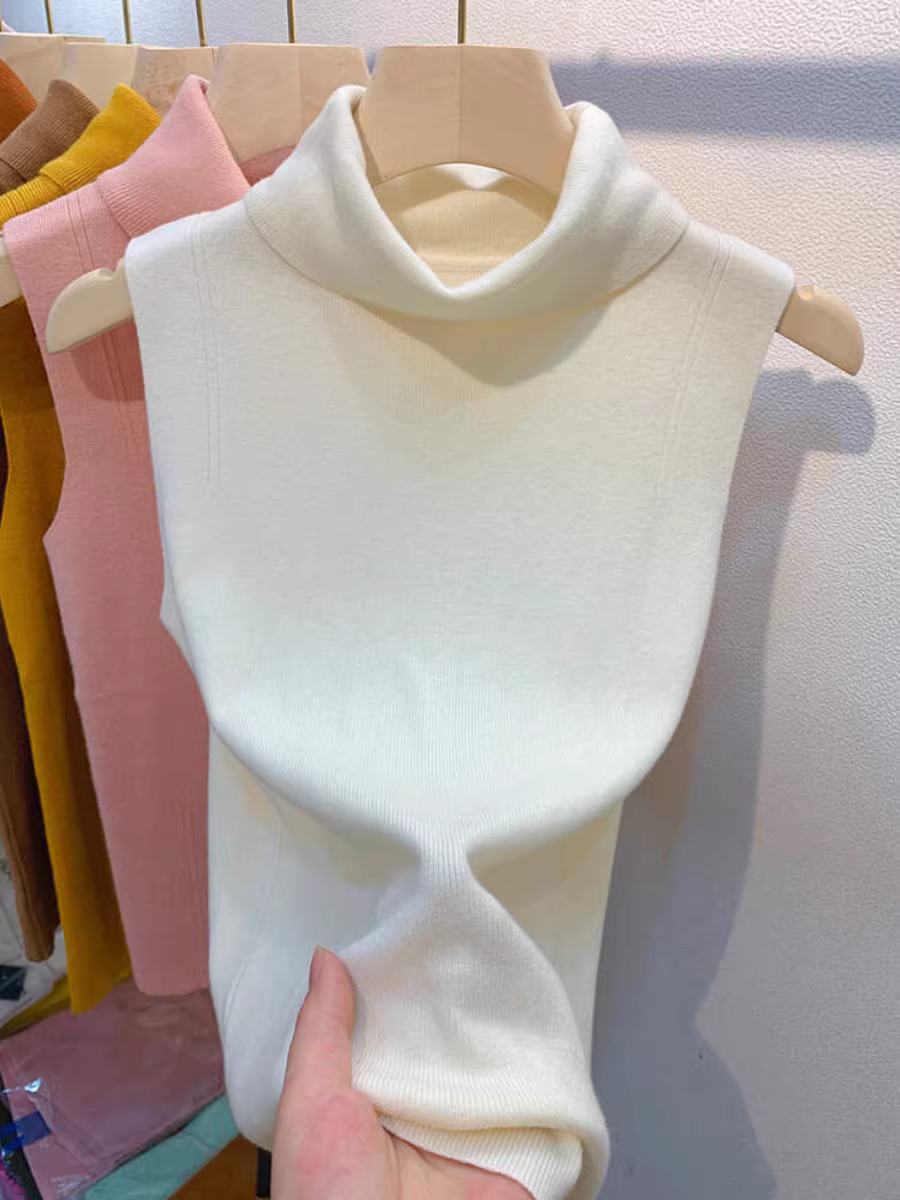 Áo len dệt kim cổ cao kiểu châu Âu dành cho nữ, lớp áo không tay mới mùa thu đông, áo len ôm sát, áo độc đáo.