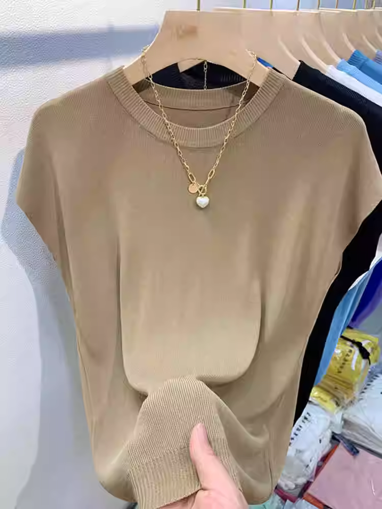 Hàng thanh lý quần áo nữ châu Âu, đã gỡ mác, áo thun dệt kim thời trang đa năng, màu trơn đơn giản, áo lót kiểu dáng thời trang rộng rãi