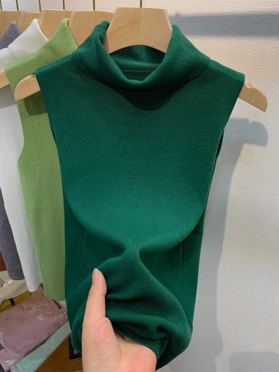 Áo len dệt kim cổ cao kiểu châu Âu dành cho nữ, lớp áo không tay mới mùa thu đông, áo len ôm sát, áo độc đáo.