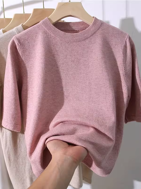 Quần áo nữ giảm giá có thương hiệu, áo dệt kim tay lửng kiểu boutique không nhãn mác, áo thun nữ ôm sát cổ tròn tay lửng, áo mỏng.