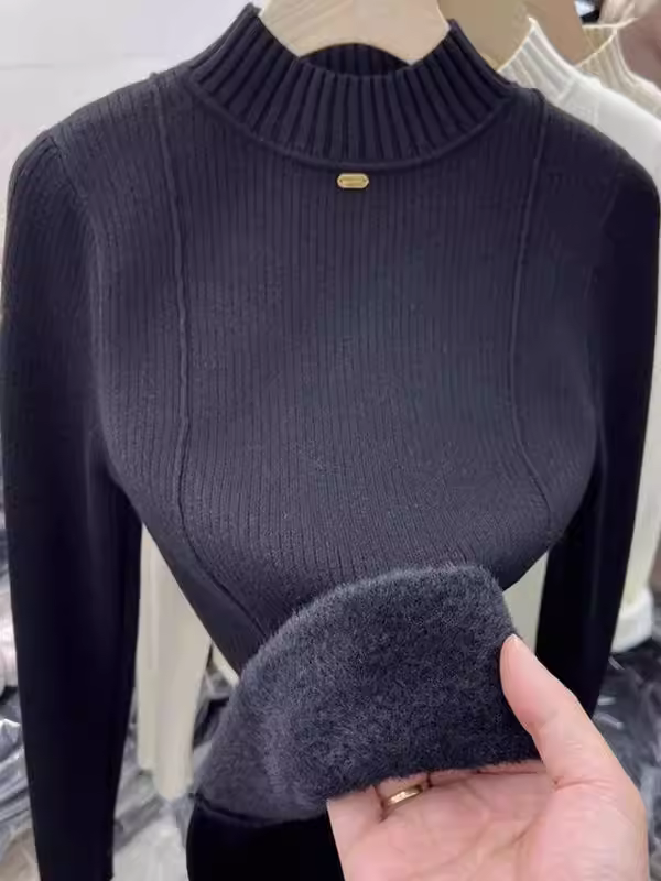 Hàng thanh lý quần áo nữ châu Âu, áo len giảm giá đã tháo mác, lót lông cừu dày dặn, áo len giữ nhiệt cổ lọ nửa cao mùa đông có lớp lông cừu tích hợp.