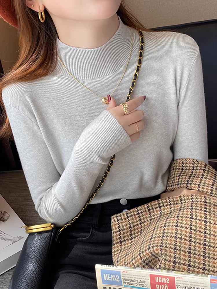 Quần áo nữ chính hãng từ cửa hàng giảm giá của công ty xuất khẩu Nanyou, áo sơ mi dệt kim thu đông có nhãn cắt, áo lót nữ cổ cao nửa cổ kiểu dáng thời trang.