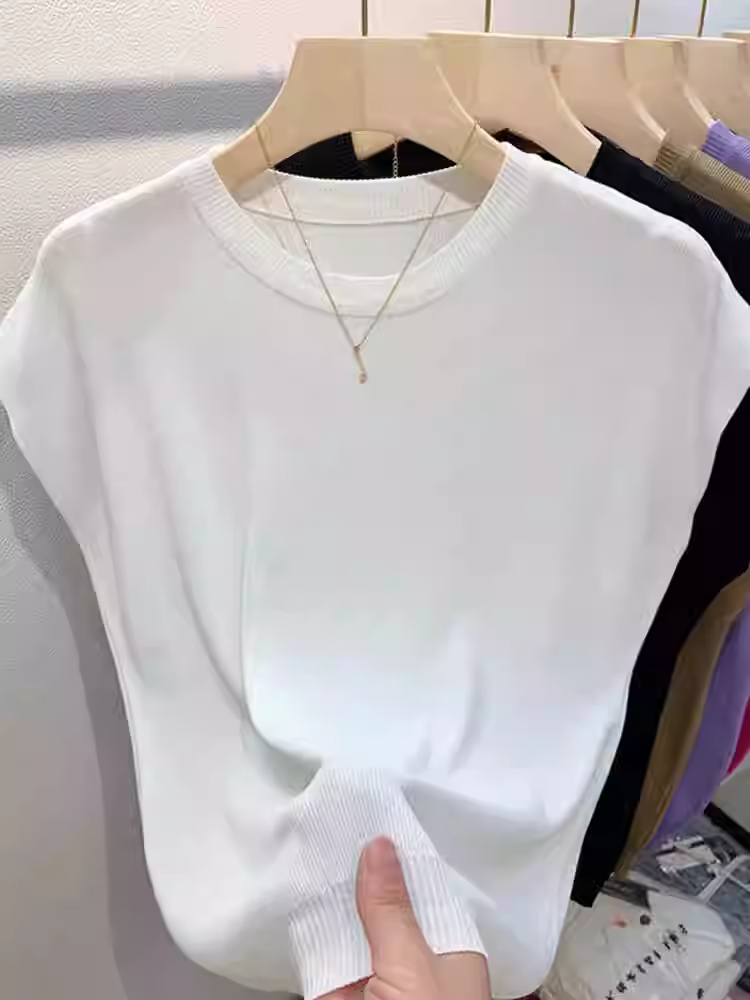 Hàng thanh lý quần áo nữ châu Âu, đã gỡ mác, áo thun dệt kim thời trang đa năng, màu trơn đơn giản, áo lót kiểu dáng thời trang rộng rãi