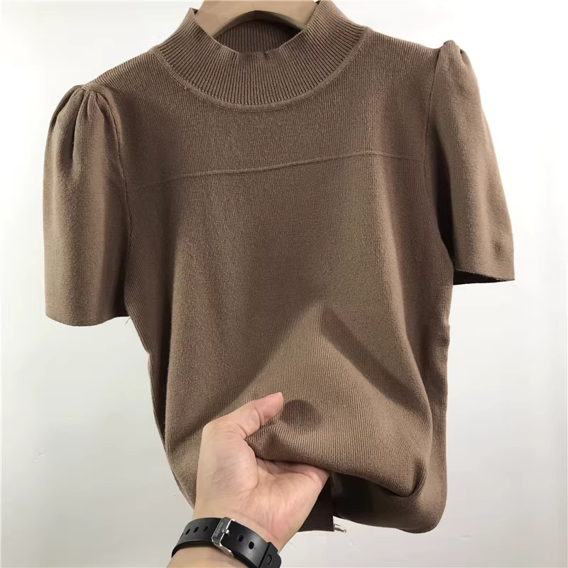 Giảm giá thanh lý quần áo nữ: áo thun dệt kim dáng ôm, tay ngắn, kiểu công sở, tay bồng mỏng, dài ngang đùi.