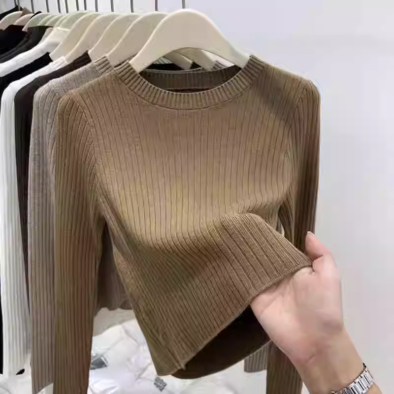 Hàng thanh lý áo nữ, đã gỡ mác, áo len dệt kim cổ tròn thu đông, áo len ôm dáng, áo thun ôm body.