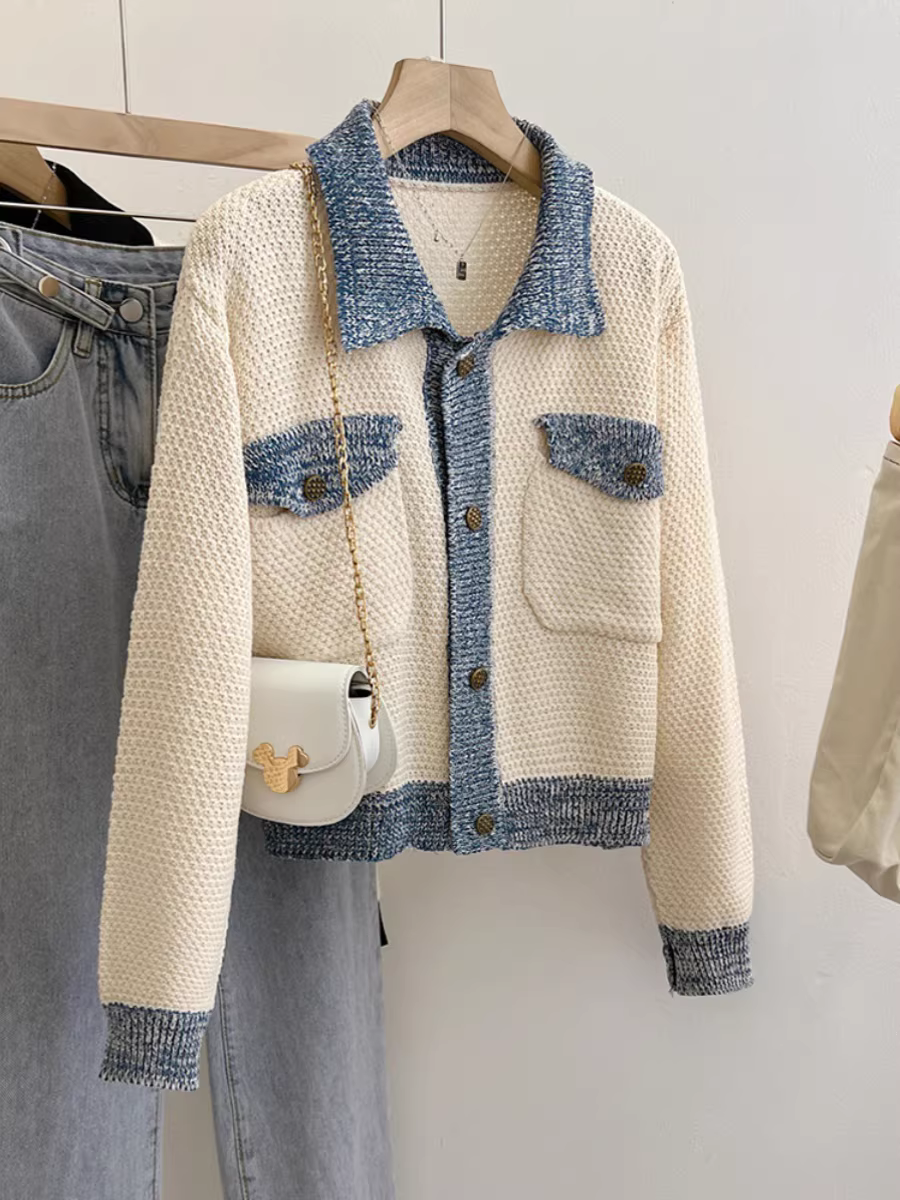 Hàng thanh lý quần áo nữ châu Âu, có mác cắt, kiểu dáng thời trang, phối màu chắp vá, áo cardigan dệt kim trẻ trung, áo khoác rộng rãi và độc đáo.