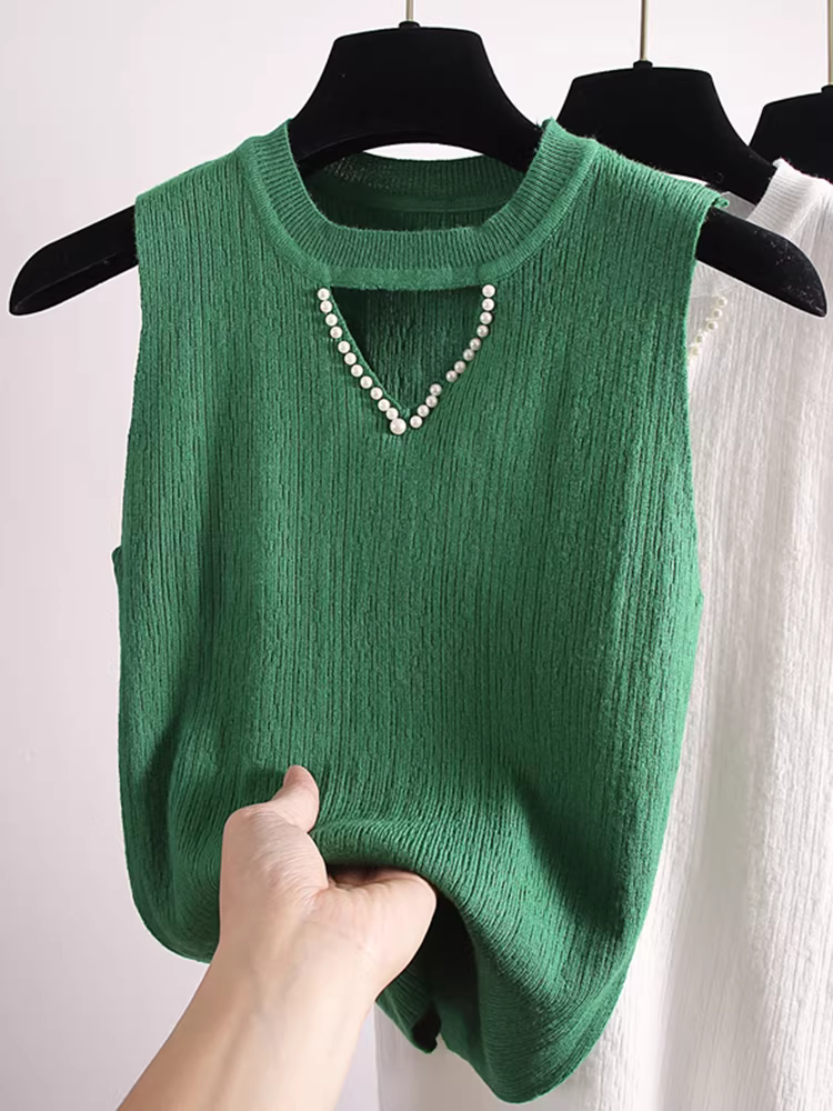 Áo len nữ giảm giá, kiểu dáng không tay, đính hạt, ôm sát, lớp trong, kiểu dáng độc đáo, hợp thời trang.