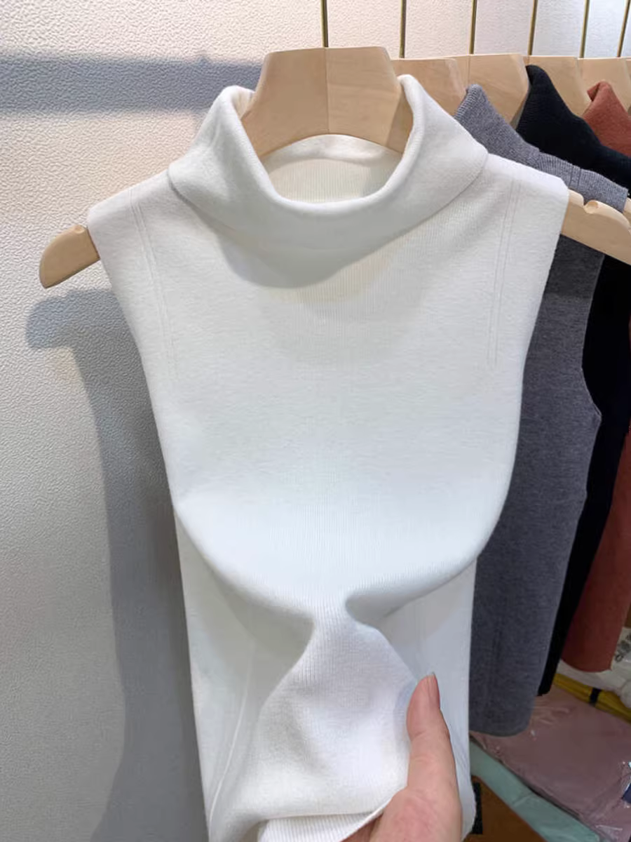 Áo len dệt kim cổ cao kiểu châu Âu dành cho nữ, lớp áo không tay mới mùa thu đông, áo len ôm sát, áo độc đáo.