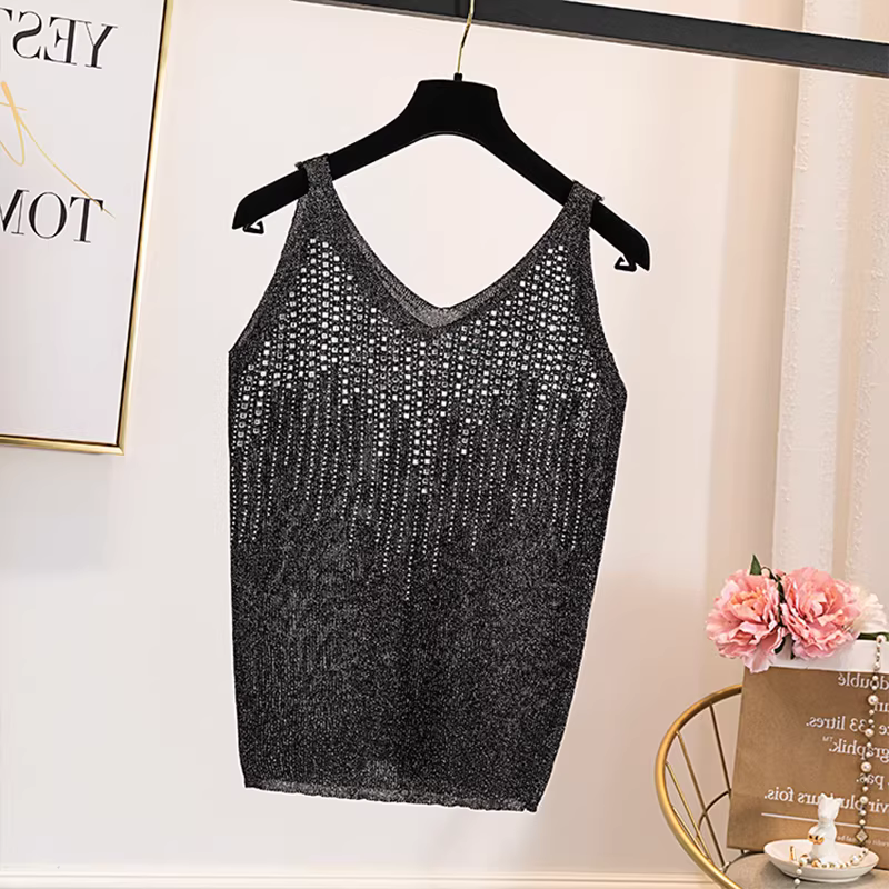 Áo camisole nữ dệt kim rộng rãi, đính đá lấp lánh, thời trang mới năm 2025, size lớn, thương hiệu Thâm Quyến Nam Ý.