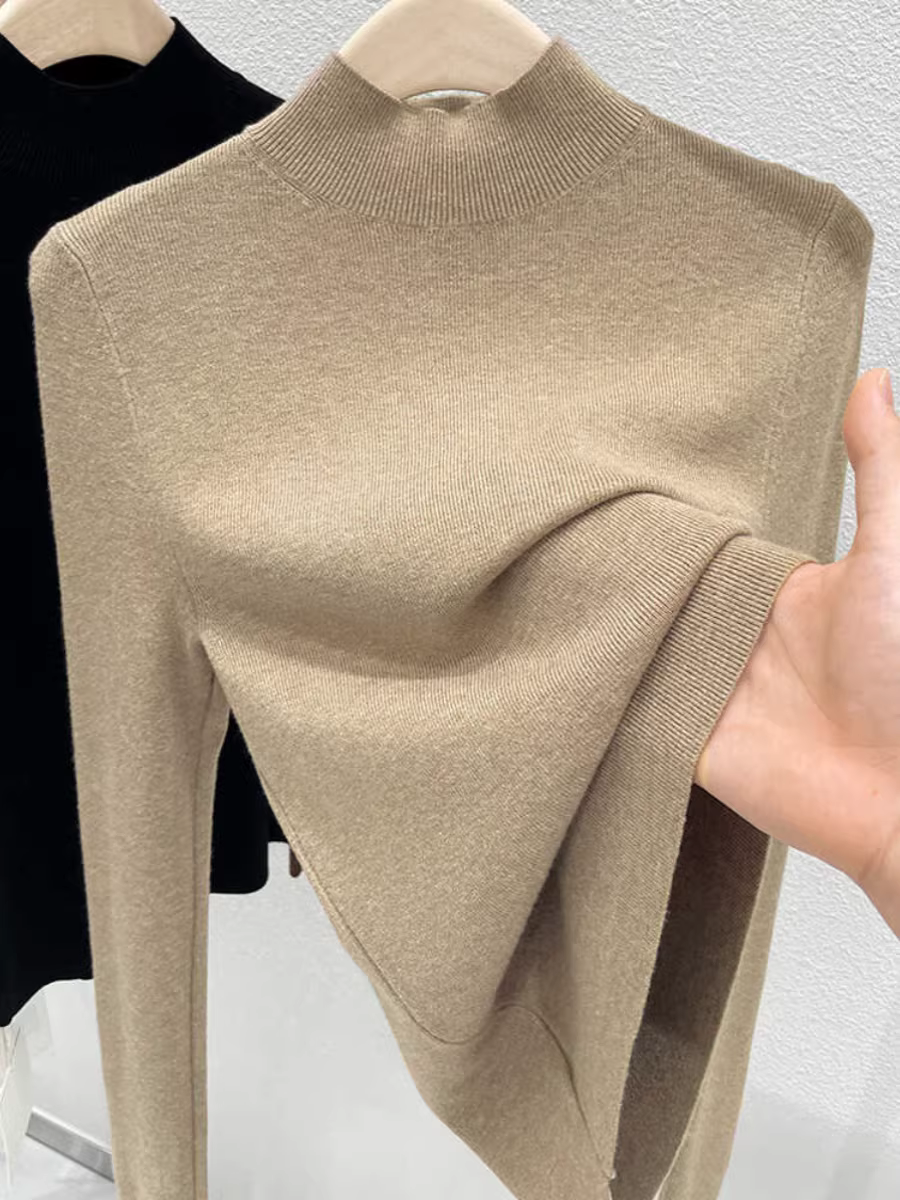 Quần áo nữ châu Âu giảm giá có thương hiệu, áo sơ mi cổ cao nửa cổ có nhãn cắt, mặc bên trong mùa thu đông, dáng ôm, áo dệt kim dài tay.