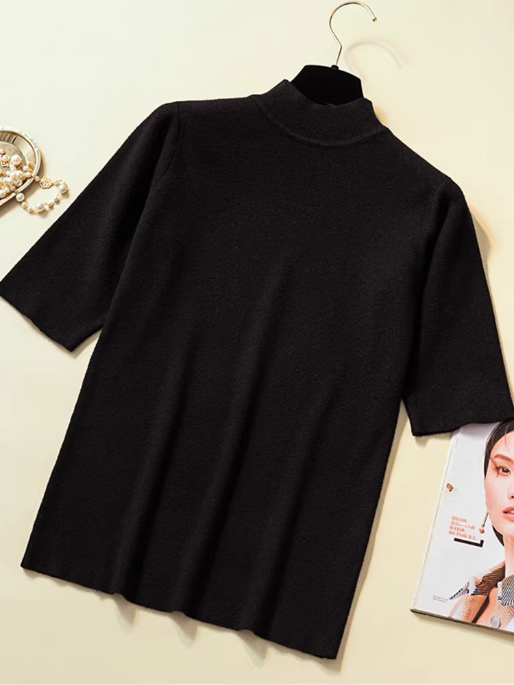 Hàng thanh lý quần áo nữ châu Âu có mác cắt, áo thun dệt kim tay lửng để mặc lớp hoặc mặc đơn, áo độc đáo tay lửng mùa xuân thu.