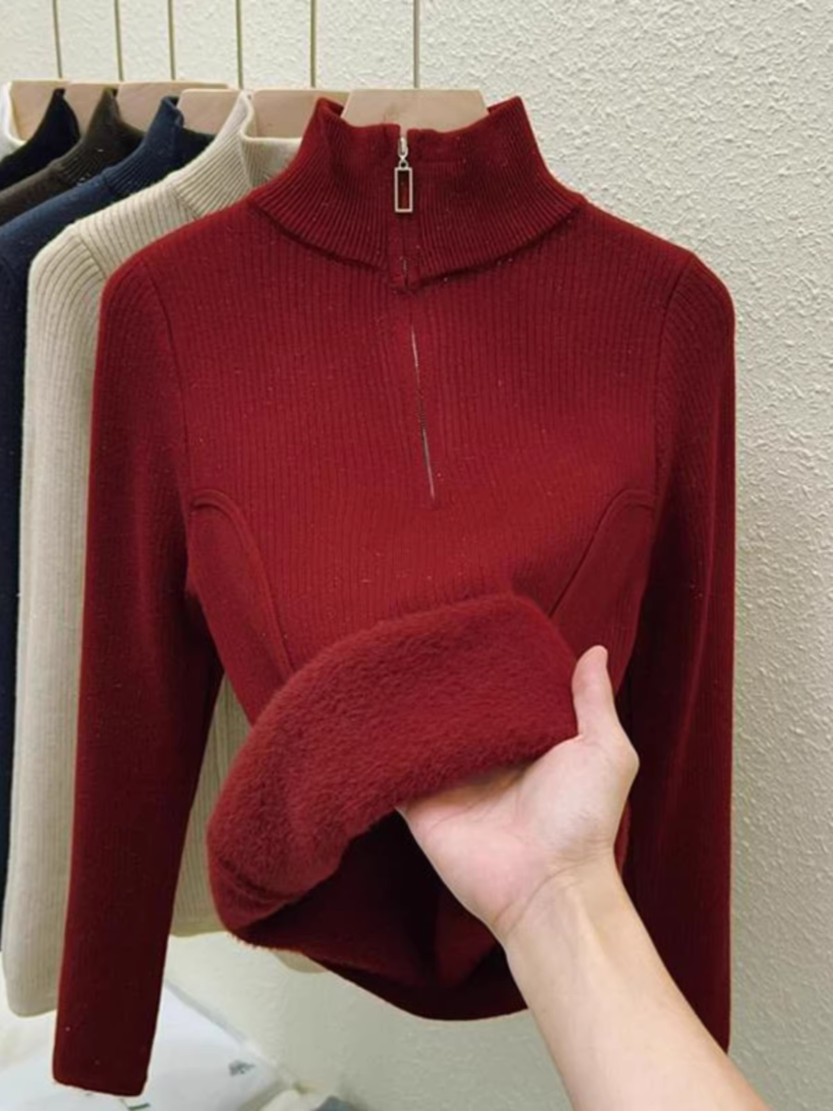 Hàng thanh lý quần áo nữ châu Âu, có mác cắt, áo len dệt kim dài tay, lớp lót giữ ấm mùa đông, áo lót nửa khóa kéo tích hợp lớp lông cừu.