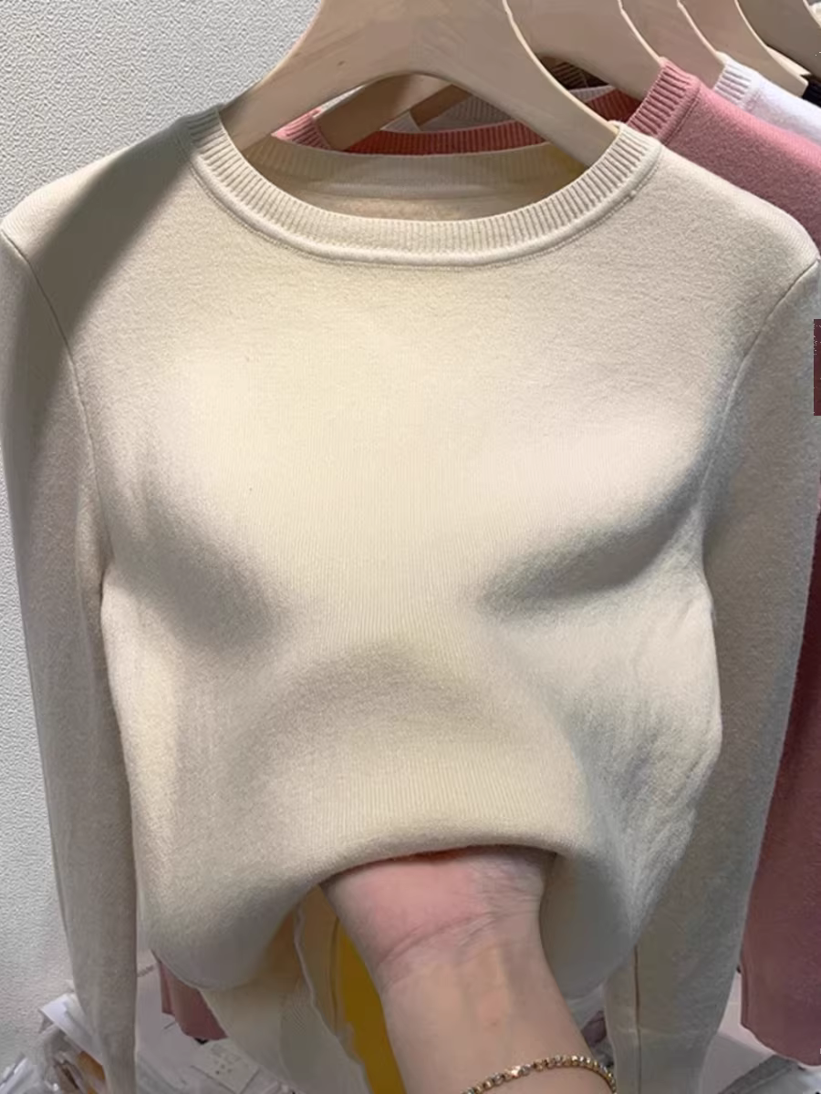 Quần áo nữ ngoại thương phong cách châu Âu, áo thun dệt kim lót lông cừu có nhãn cắt, thích hợp để mặc nhiều lớp vào mùa thu đông, áo len dày có lớp lông cừu tích hợp.