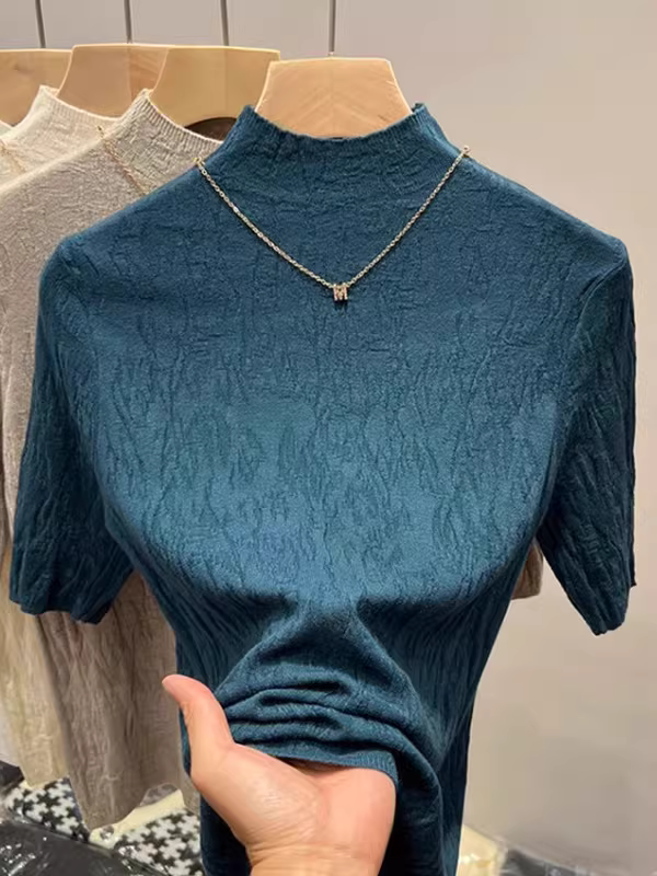 Áo thun nữ xuất khẩu Châu Âu, cổ nửa cao, tay lửng, dáng ôm, tôn dáng.