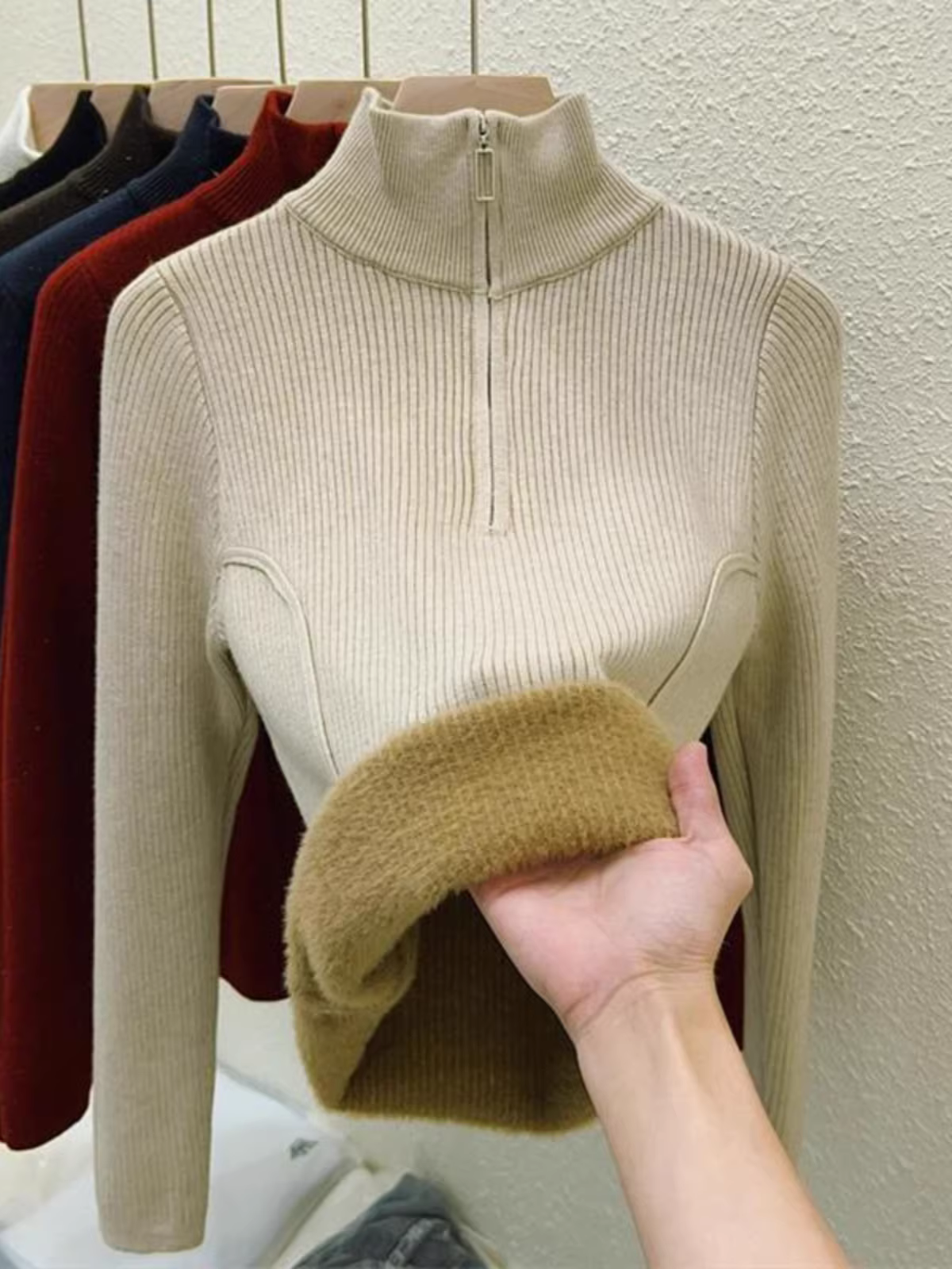 Hàng thanh lý quần áo nữ châu Âu, có mác cắt, áo len dệt kim dài tay, lớp lót giữ ấm mùa đông, áo lót nửa khóa kéo tích hợp lớp lông cừu.