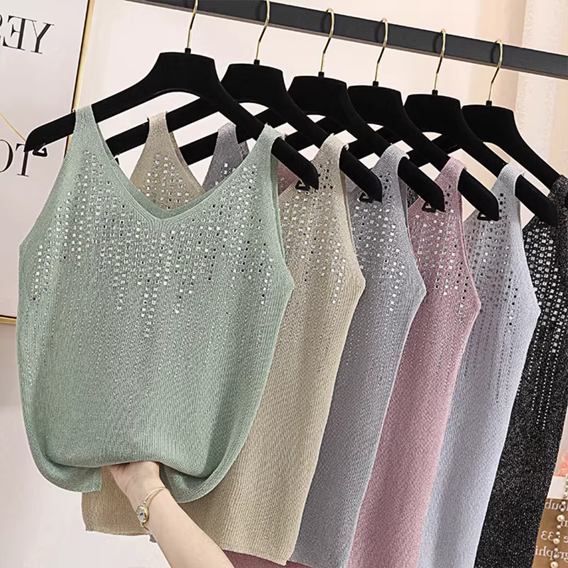 Áo camisole nữ dệt kim rộng rãi, đính đá lấp lánh, thời trang mới năm 2025, size lớn, thương hiệu Thâm Quyến Nam Ý.