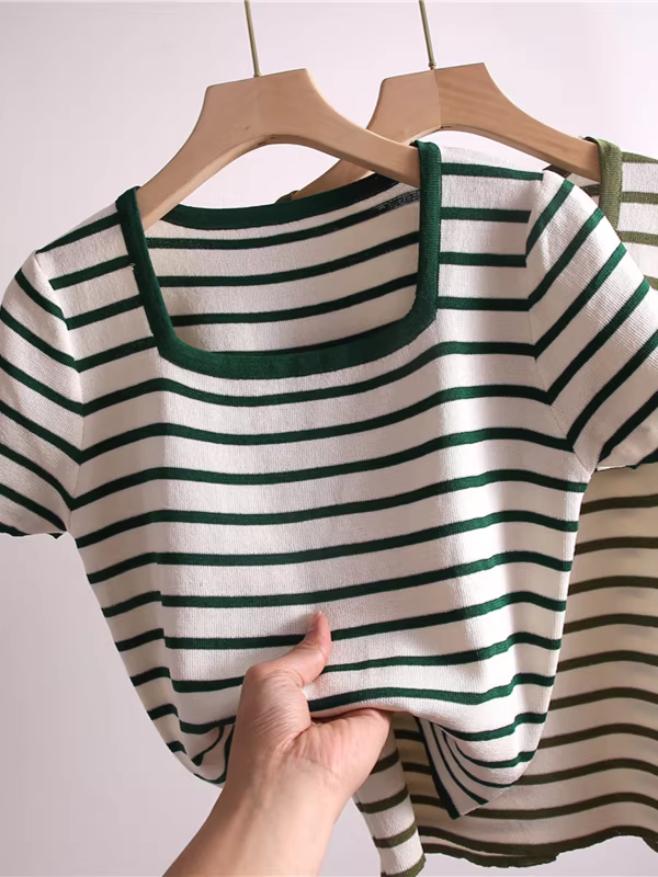 Hàng thanh lý thương hiệu ngoại thương, áo thun nữ cổ vuông sọc, tay ngắn, ôm dáng, trẻ trung, độc đáo và cá tính.