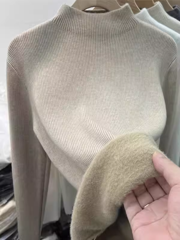 Áo thun nữ xuất khẩu giảm giá, có mác, cổ nửa cao, tích hợp lớp lông cừu, chất liệu dệt kim dày dặn, tay dài, áo ấm, kiểu dáng thời trang.