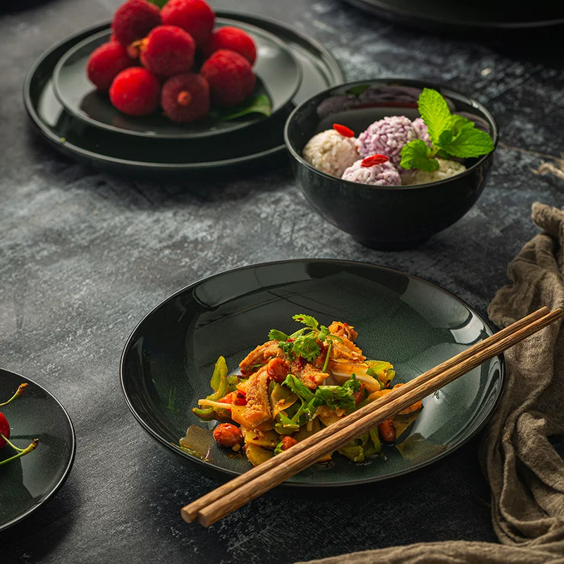 Bộ bát đĩa kiểu Nhật cổ điển, đồ dùng bàn ăn thủ công lấy cảm hứng từ Thiền, bát cơm, đĩa, bát súp lớn bằng gốm nung lò dùng trong gia đình.